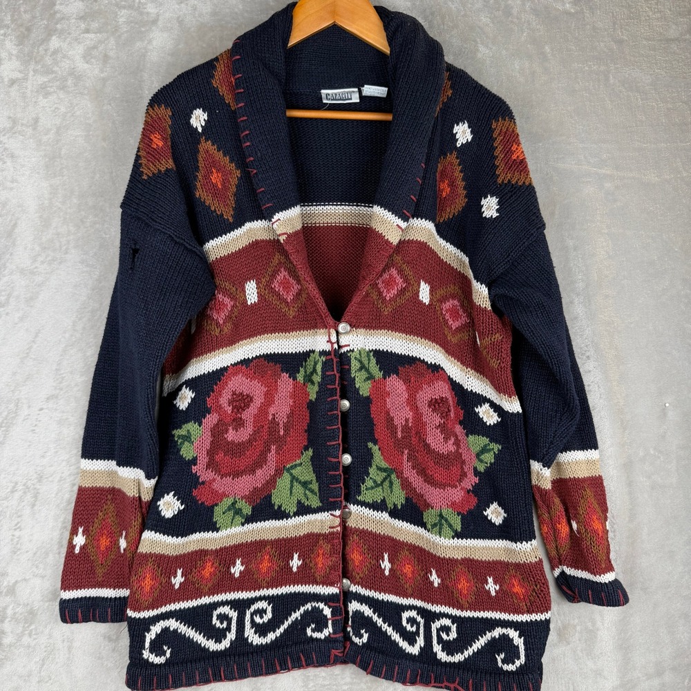 Capacity Vintage Southwestern Floral Rose Knit Cardigan Shawl Collar Navy Blue M